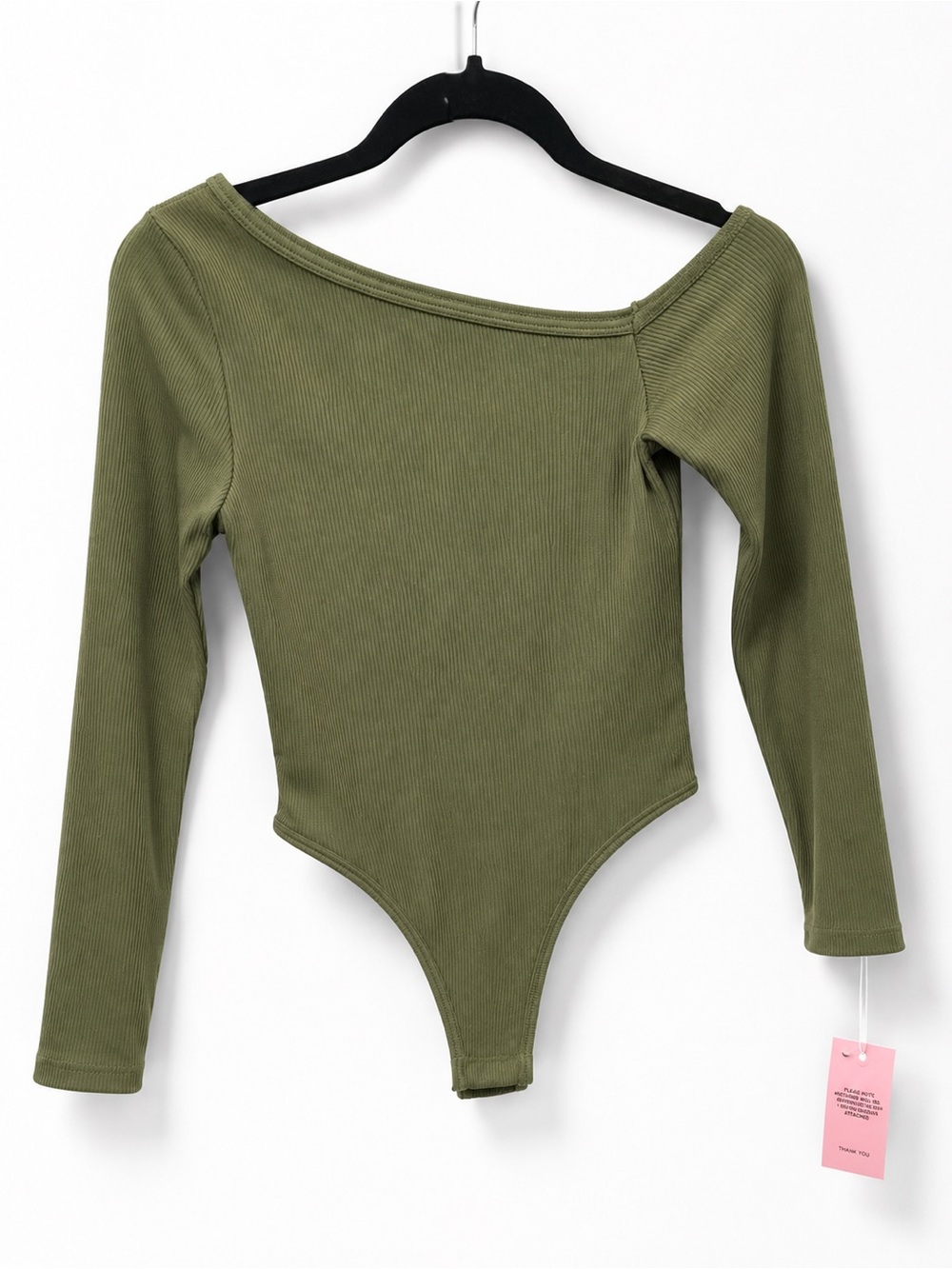 Pretty Little Thing Olive Green Ribbed One-Shoulder Long Sleeve Bodysuit